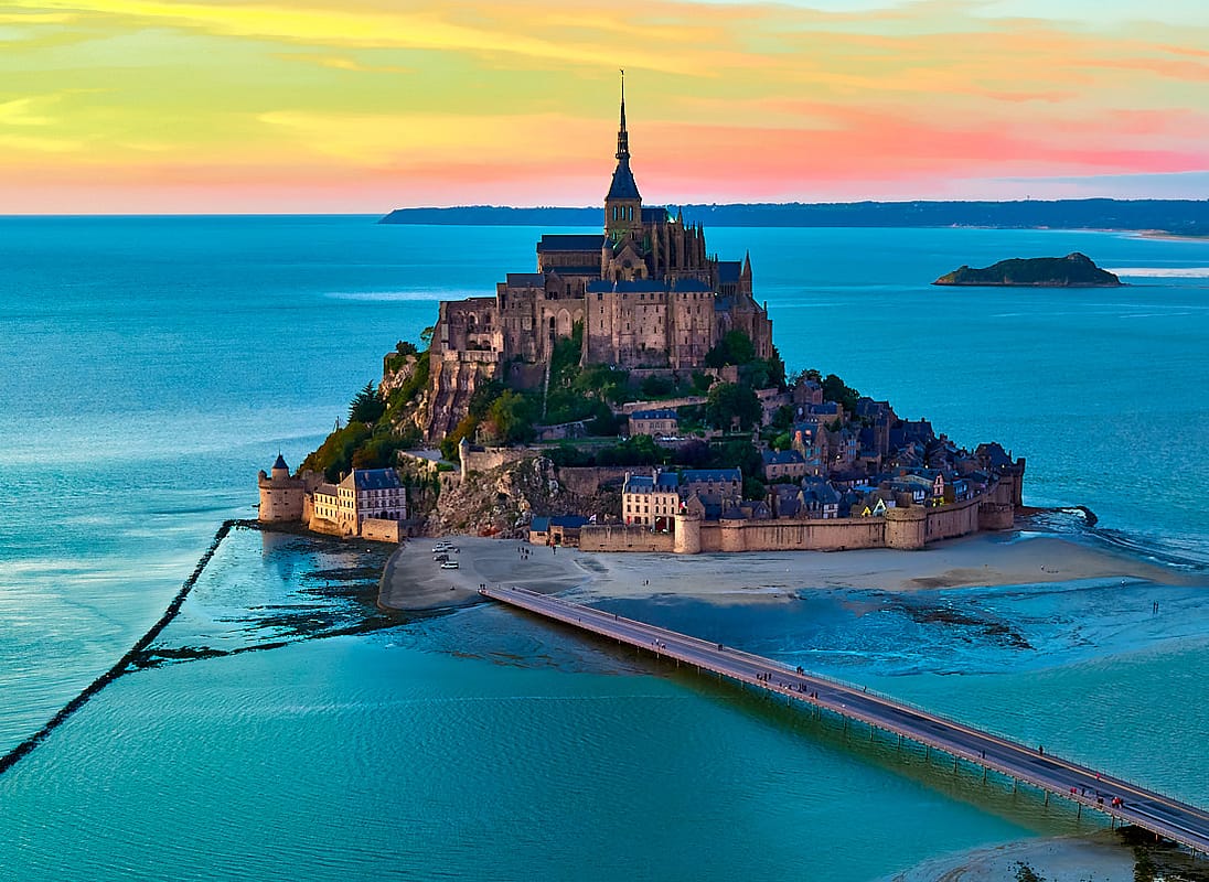 Mont-Saint-Michel hotels drone shot