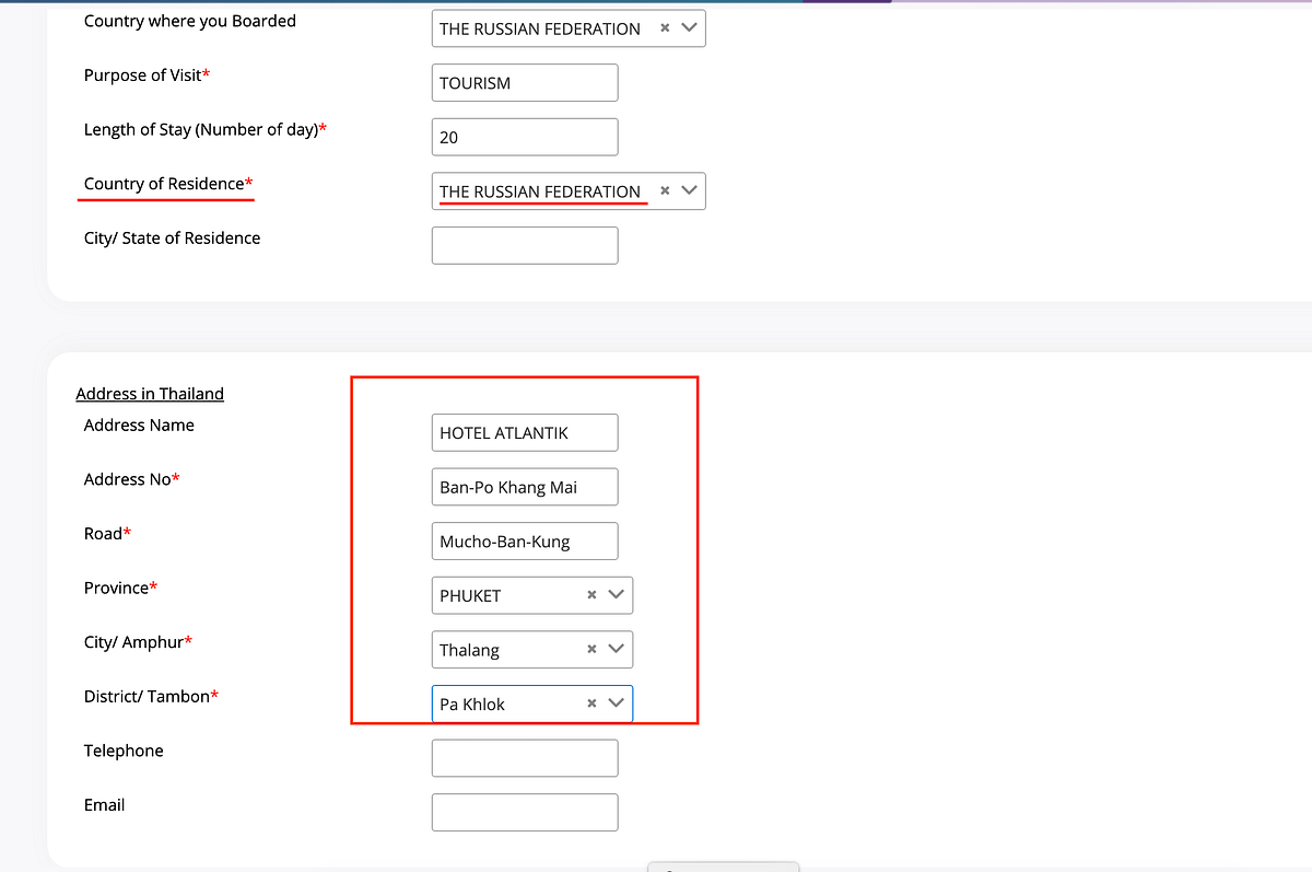 Образец заполнения миграционной карты в Таиланд