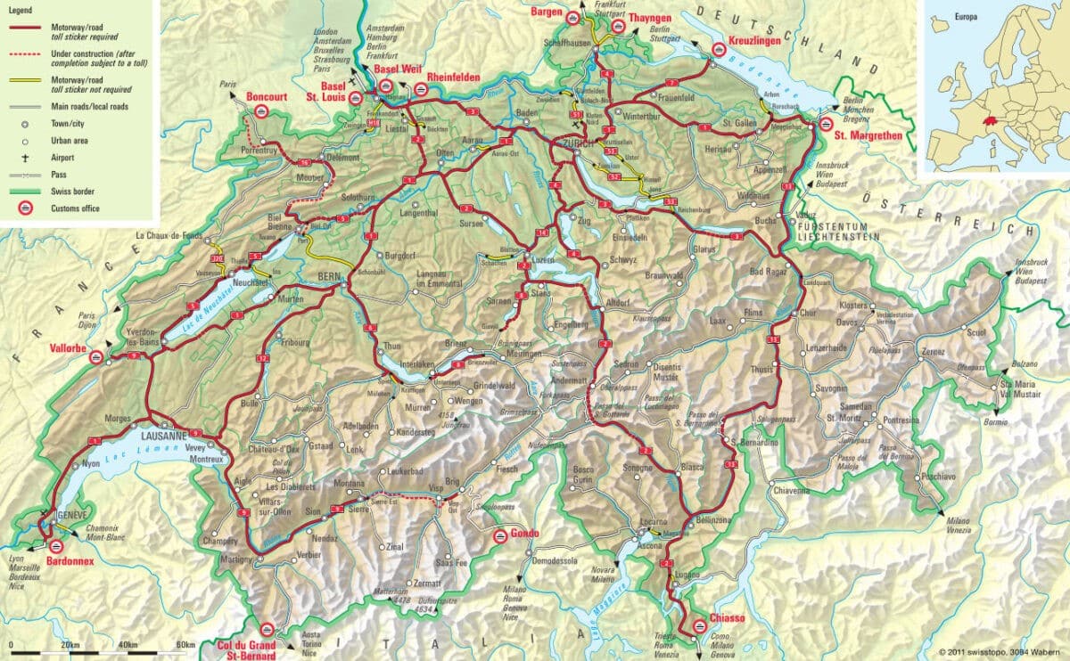 Карта платных дорог и туннелей в Швейцарии